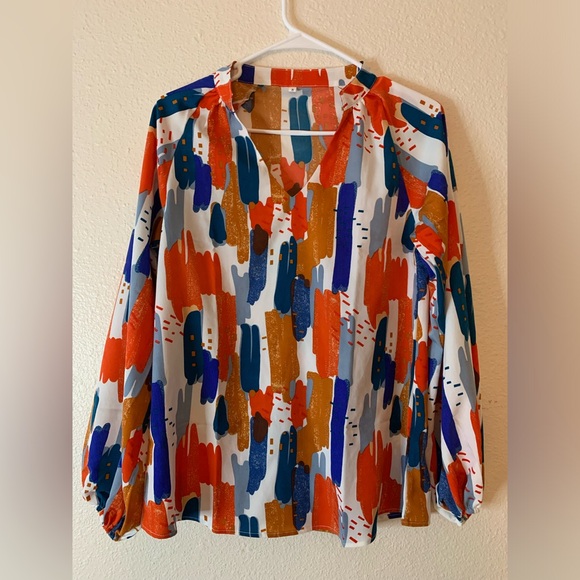 NWOT V Neck Boho Ballon Sleeve Mixed Print Light Weight Long Sleeve Top - Picture 4 of 8